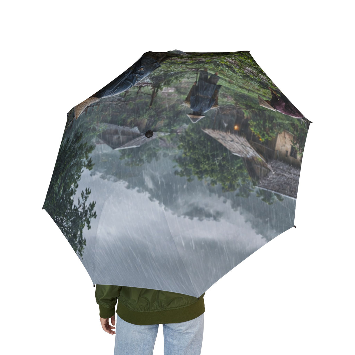 Custom Printed Scenic Woodland Rain Umbrella – Foldable Semi‑Automatic with Nature Deer Design - Mayon Finds