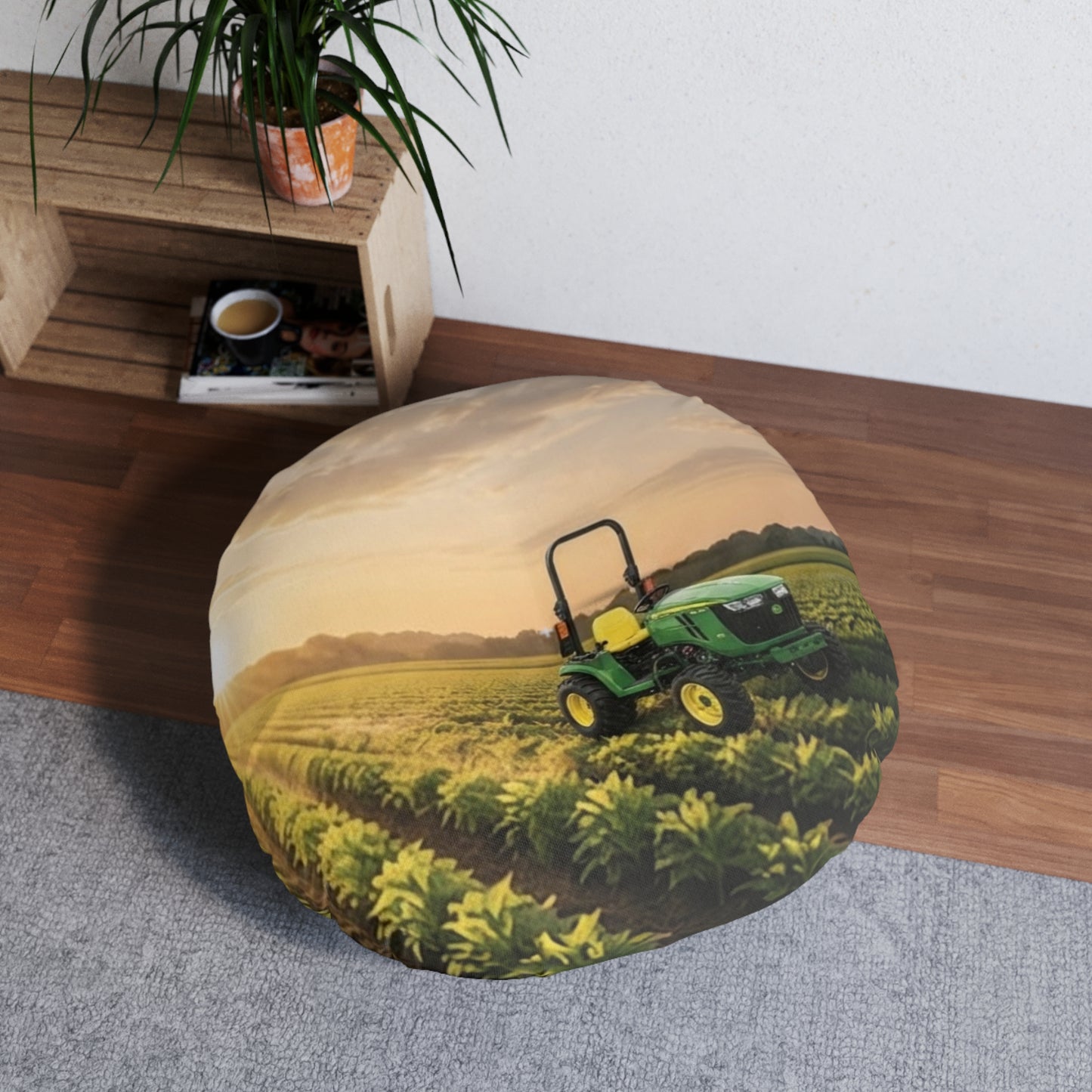 Custom Printed Round Tufted Floor Pillow — Tractor Farm & "Nourish the Soil" Eco Garden Decor