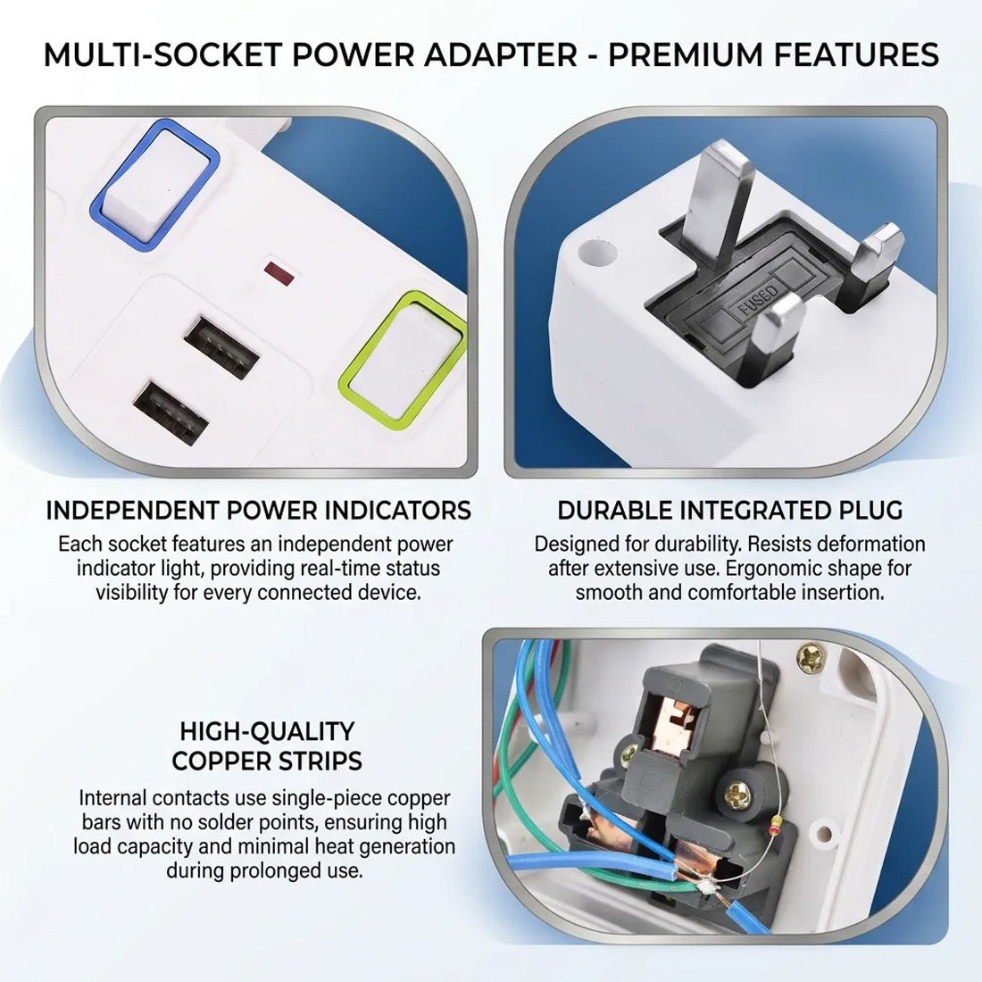 6-In 1 Multi Plug Extension Lead & USB Power Strip - Mayon Finds